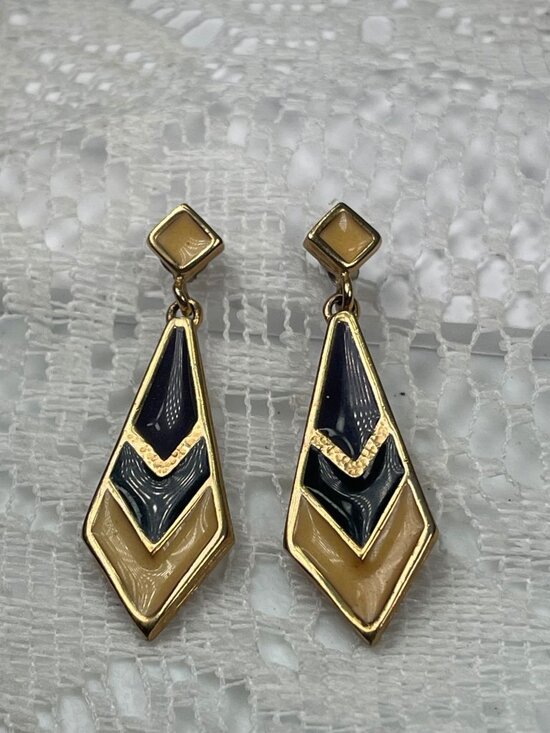 Park Lane Jewelry - Vintage Park Lane Drop Earrings Gold-Tone Chevron Design Beige & Black Enamel Ge